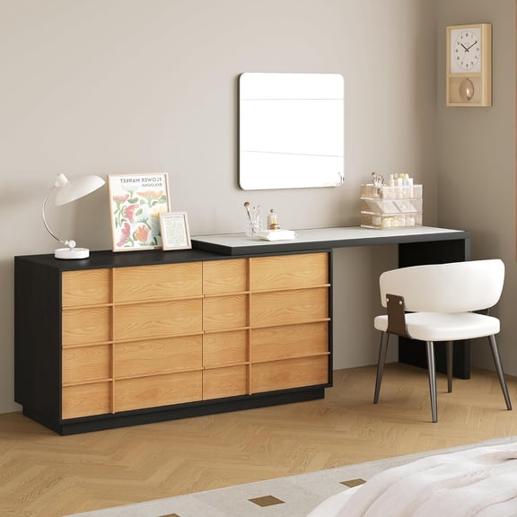 gaoyangjiaju Convertible L-Shaped Vanity Desk, Extendable Makeup Table with 6 Large Storage Drawers, Modern Minimalist Desk for Small Spaces, Ideal for Bedroom, Study & Home Office