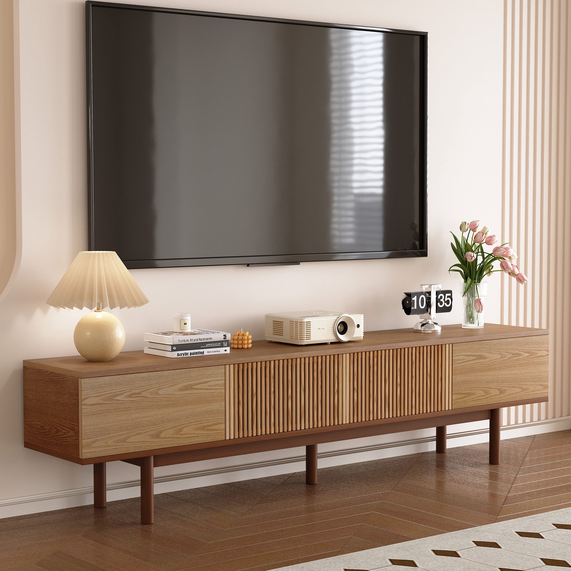 gaoyangjiaju Mid Century Modern 86.6" Solid Wood TV Stand, Ready-to-Use Entertainment Center with Storage, TV Console for Living Room & Bedroom, Walnut