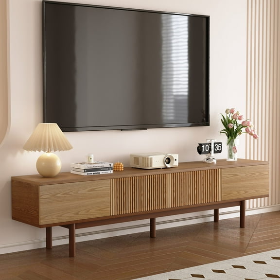 gaoyangjiaju Mid Century Modern 86.6" Solid Wood TV Stand, Ready-to-Use Entertainment Center with Storage, TV Console for Living Room & Bedroom, Walnut