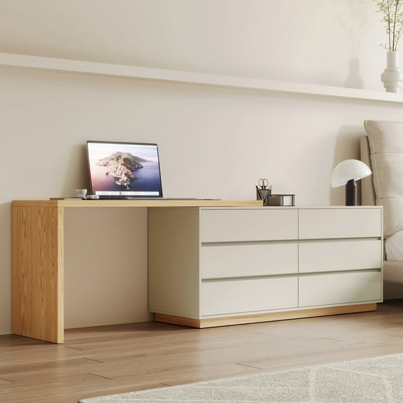 gaoyangjiaju Modern Stretchable L-Shaped Desk with Drawers, 56" to 98.5" Extendable Writing Desk with Storage for Home Office, Bedroom & Living Room, Beige