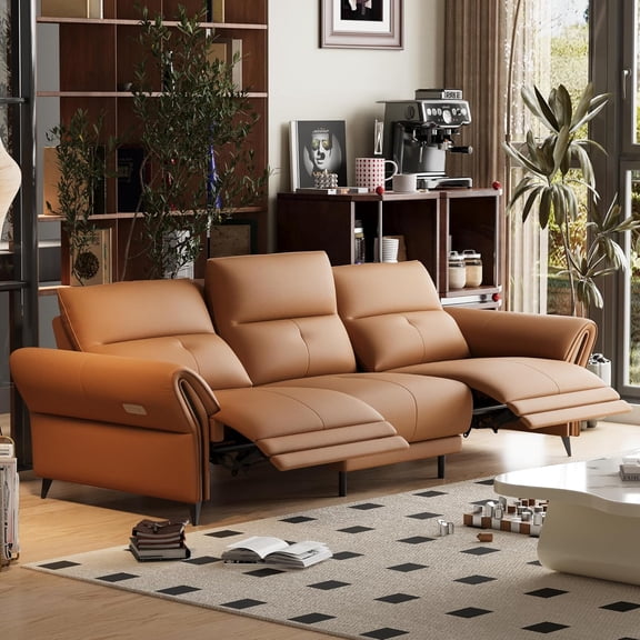 gaoyangjiaju Modern Three-Seat Leather Power Recliner Sofa with Dual Motor Electric Function, Adjustable Headrest, Perfect for Home Living Room and Office Relaxation 112.5", Orange