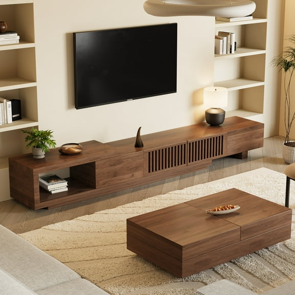 gaoyangjiaju Modern Walnut TV Console for 75+ Inch Screen Extendable Wood Media Unit (78"-103") with Grille Doors and Drawers, Great for Living Rooms & Bedrooms