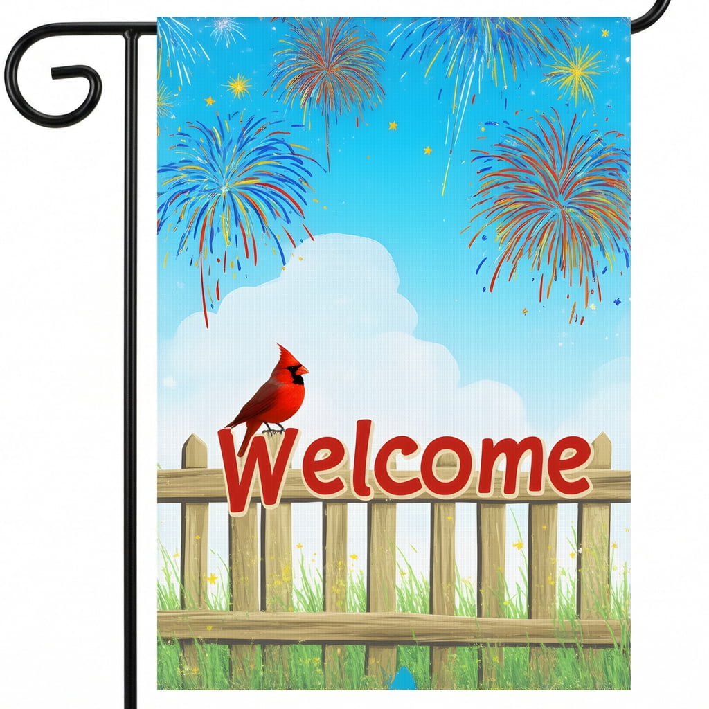 garden flag 250 anniversary A welcome sign with a cardinal sitting on a ...