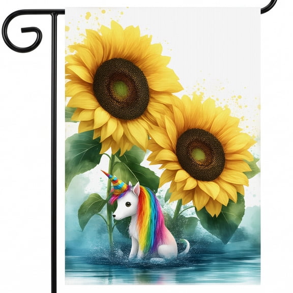 garden flag for summer A unicorn with a rainbow mane and sunflowers in the water. ... summer front door decor 28x40 Inch for Garden Lawn Decor