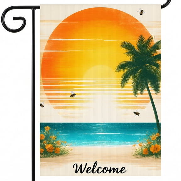 garden flag for summer A welcome sign on a beach with a palm tree and bees. Welcome flag decorations for home 28 x 40 Inches for Street Side Display