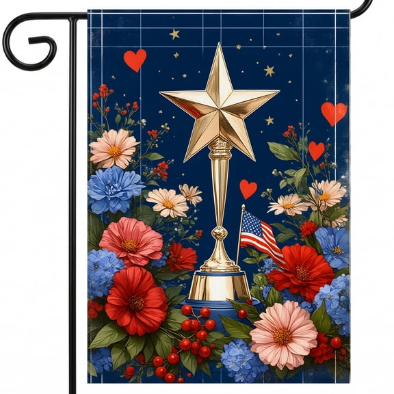garden flag patriotic A gold trophy with a star on top of it surrounded by flowers. * us 250th anniversary Full 28x40 Inch Dimensions yard decor