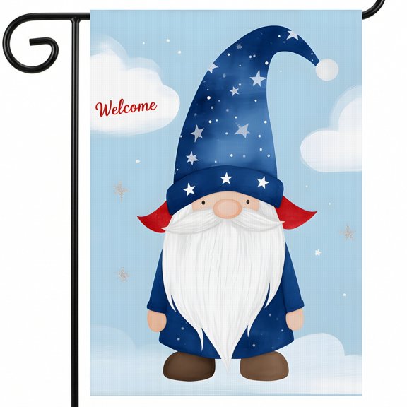 garden flag patriotic A cartoon gnome with a white beard and a blue hat. Welcome 4th of july house flag 28x40 Large 28x40" Home Flag outdoor garden decor