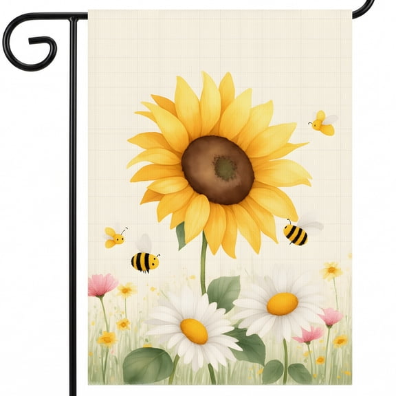 garden flag summer theme A sunflower with bees flying around it in a field of flowers. . flag 28x40 Inch Outdoor Size for Courtyard Art Decoration