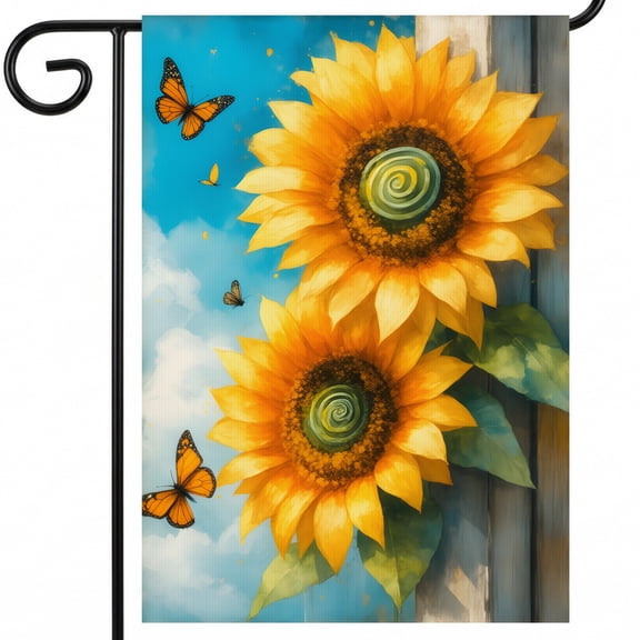 garden flag summer theme A painting of two sunflowers and butterflies flying in the sky. . garden flags home 28x40" Home Banner Size for Rustic Outdoor Accent