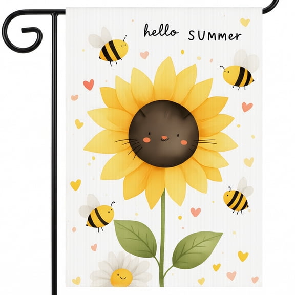 garden flag summer theme A sunflower with a smiley face surrounded by bees. hello SUMmer outside decor Large 28 x 40 Inch Flag for Sunroom Exterior Decor