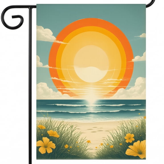 garden flag summer theme A sunset over the ocean with yellow flowers in the foreground. C decorative flags for outside 28 x 40 28x40 Inch Decorative Size for Lawn Sign Alternative