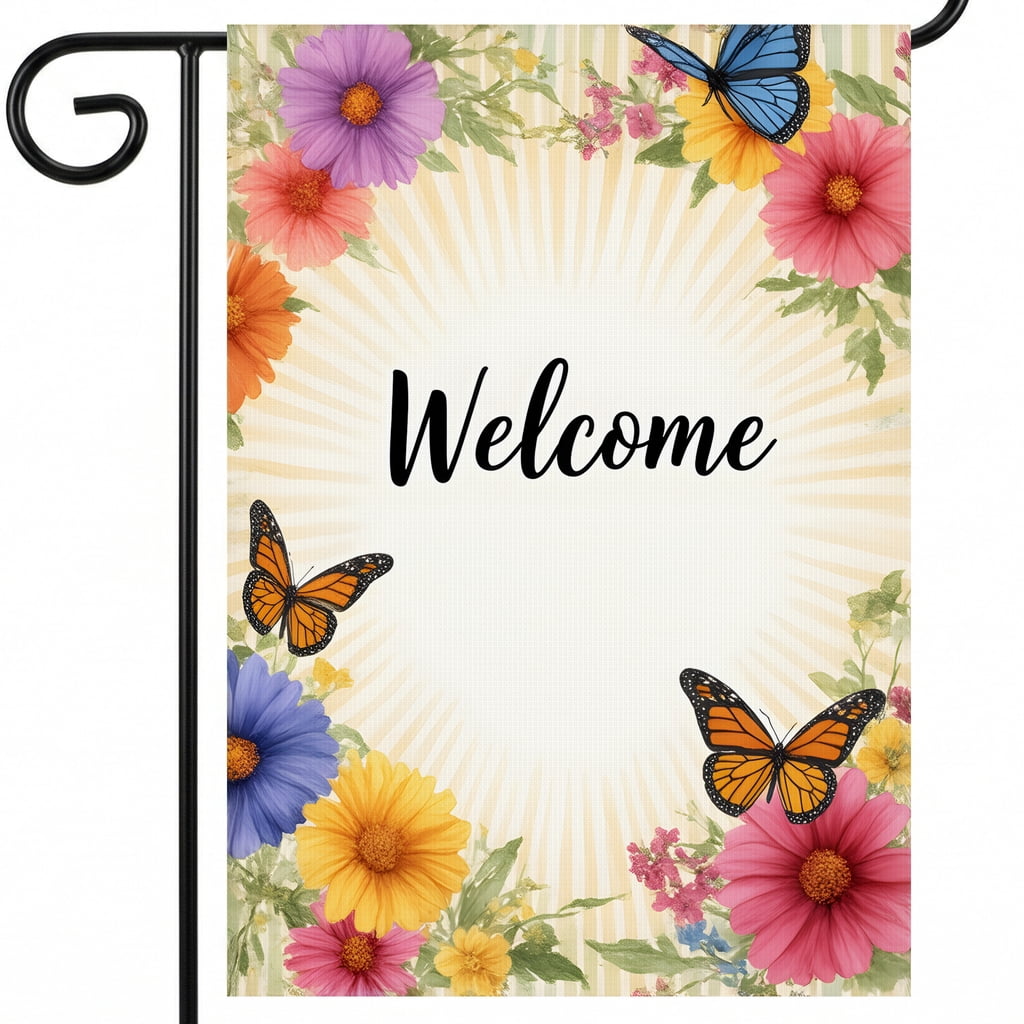 garden flag summer theme A welcome sign with butterflies and flowers on ...