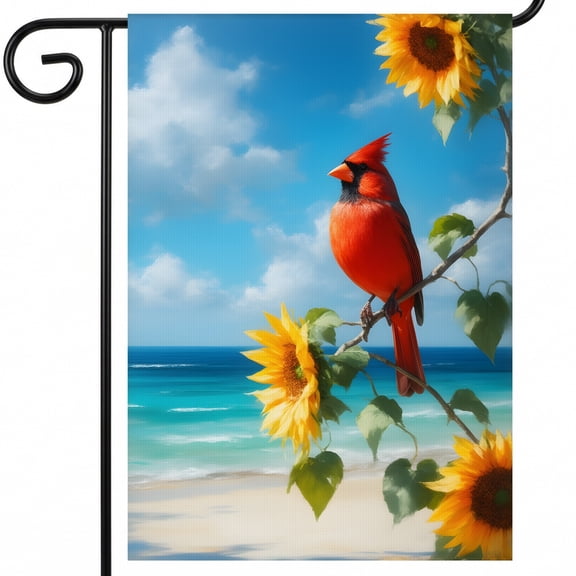 garden flags summer A red bird sitting on top of a tree next to sunflowers. - summer decorative Full Size 28x40" Flag for Porch Swing Accent
