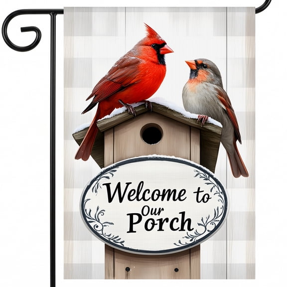 garden flags summer A couple of birds sitting on top of a birdhouse. Welcome to Our Porch seasonal house flags 28x40 Inch Display Size for Roof Garden Decoration