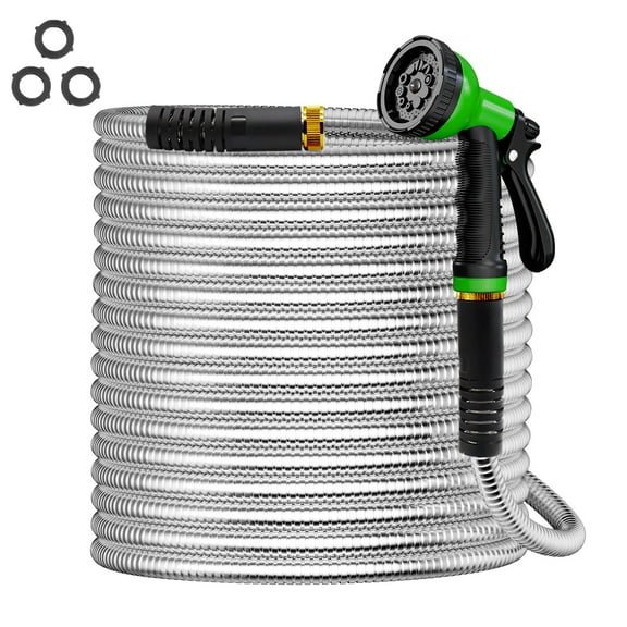 BN-LINK Garden Hose 50FT, 10 Pattern Thumb Spray Nozzle, No-Kink Flexible 304 Stainless Steel Water Hose, Lightweight Leak & Rust Proof Water Hose for Yard, Outdoor, 3/4" Swivel Connectors