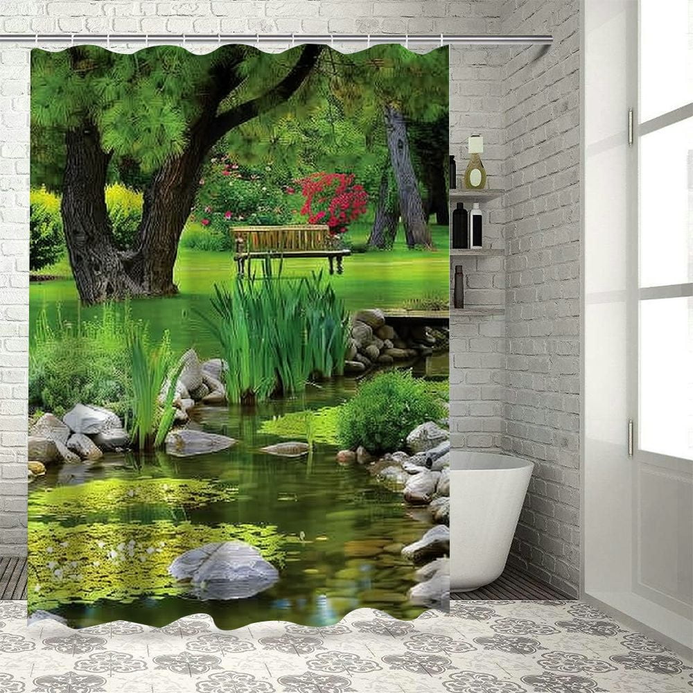 garden shower curtain,Japanese park style leisure landscape, pond grass
