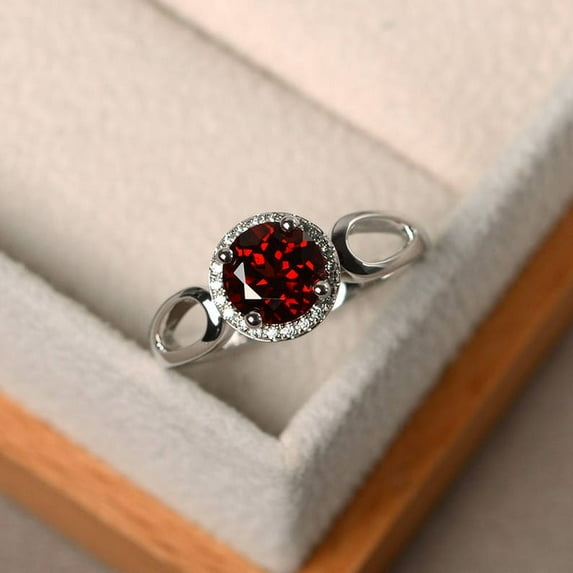 garnet ring, sterling silver, round cut, halo engagement ring for women, January birthstone
