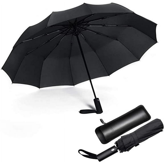 gastropod JIGUOOR 12 Ribs Wood Handheld Folding Umbrella Windproof Compact Travel,Auto Open/Close Large Rain Umbrellas w/Teflon Coating, Ergonomic Handle FREE Leather Case for Mens Women