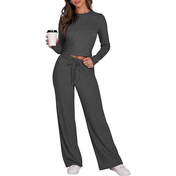 gbyLJF 2 Piece Casual Sets for Women Spring Outfits Long Sleeve Top & Wide Leg Pants Solid Color Tracksuits Womens Matching Set