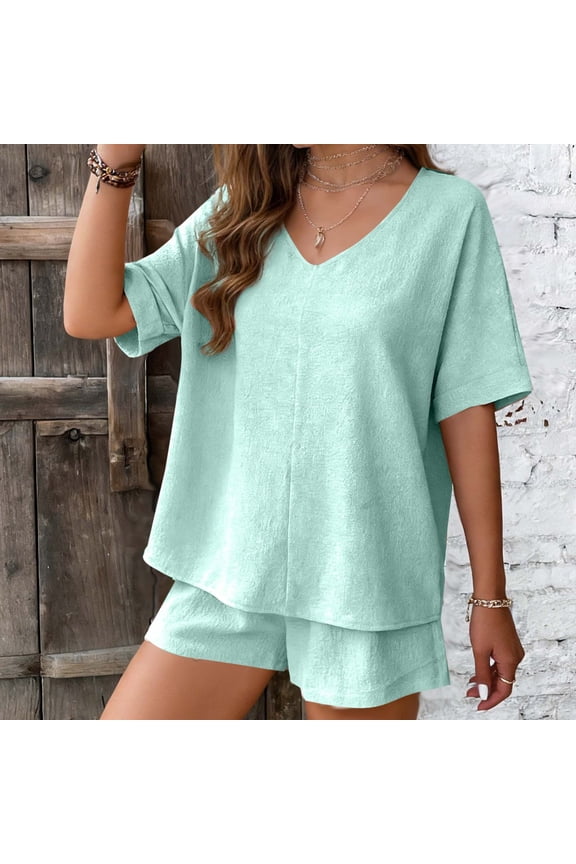 2 Piece Outfits for Women Summer Loose Fit V Neck T Shirts Straight Leg Shorts Matching Sets Casual Short Sleeve Set