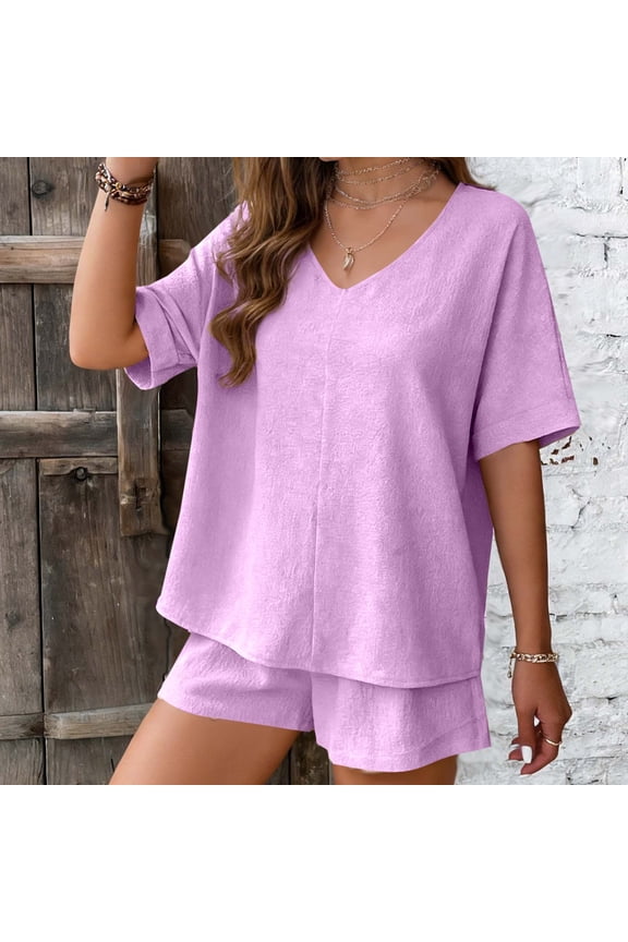 2 Piece Outfits for Women Summer Loose Fit V Neck T Shirts Straight Leg Shorts Matching Sets Casual Short Sleeve Set