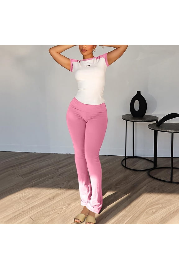 2 Piece Sets for Women Summer Casual Workout Yoga Sweatsuit Slim Fit Crew Neck T-shirt High Waist Legging Outfits