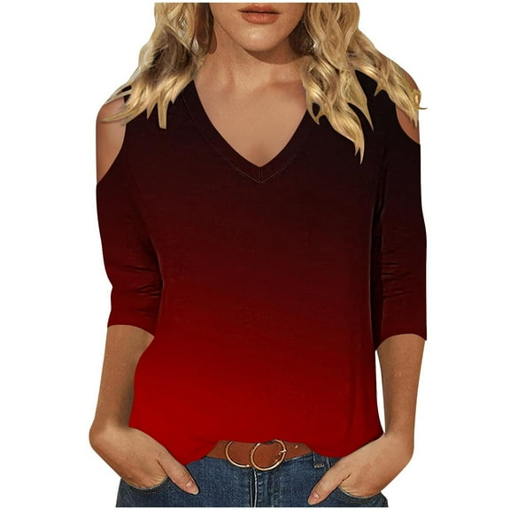 gbyLJF 3/4 Length Sleeve for Womens Fall Tops Off The Shoulder Shirts Summer V Neck T-Shirt Solid Color Tunic Tees A01_Red XXL