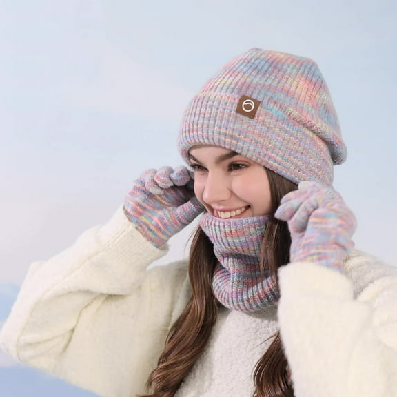 gbyLJF 3 Pieces Winter Hats for Women Knitted Scarf Gloves Set Warm Fleece Lined Beanie Hat Gifts