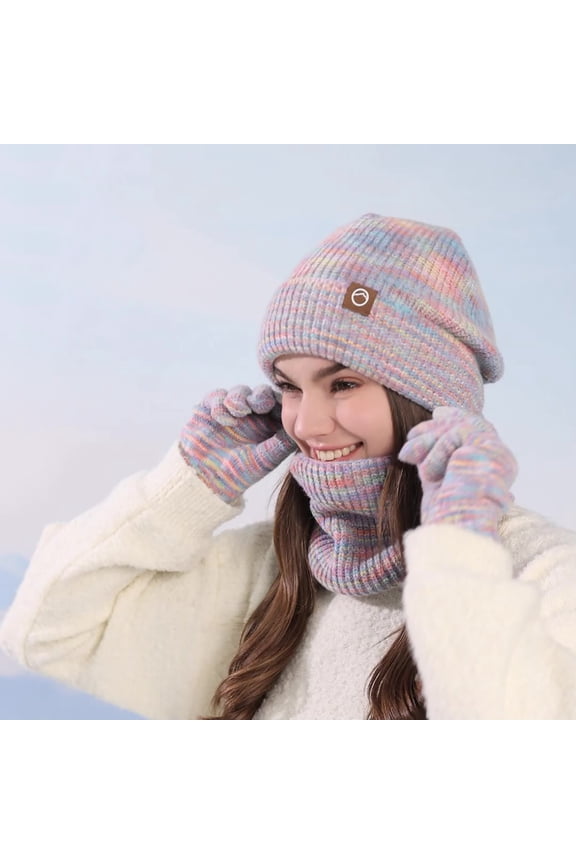 3 Pieces Winter Hats for Women Knitted Scarf Gloves Set Warm Fleece Lined Beanie Hat Gifts