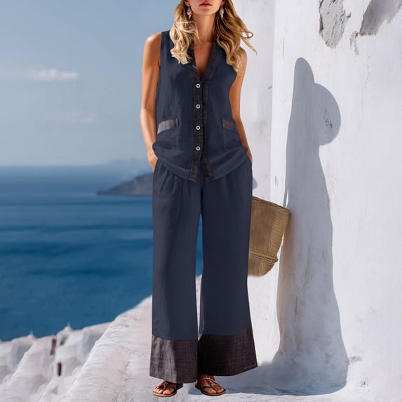 gbyLJF Beach Vacation Set for Women Cotton Linen Summer Outfits Button Down Sleeveless Shirts & Wide Leg Pant Sets