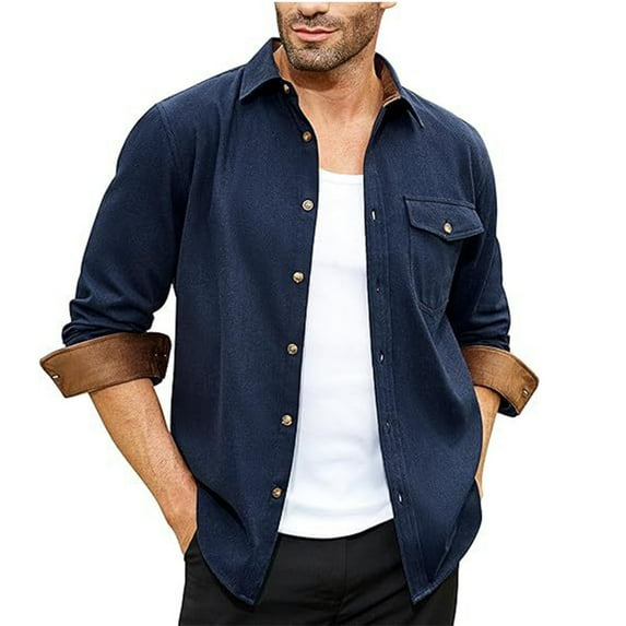 gbyLJF Button Down Shirt for Men Casual Solid Color Patchwork Long Sleeve Lapel Top Men's Lightweight Cardigan with Pocket