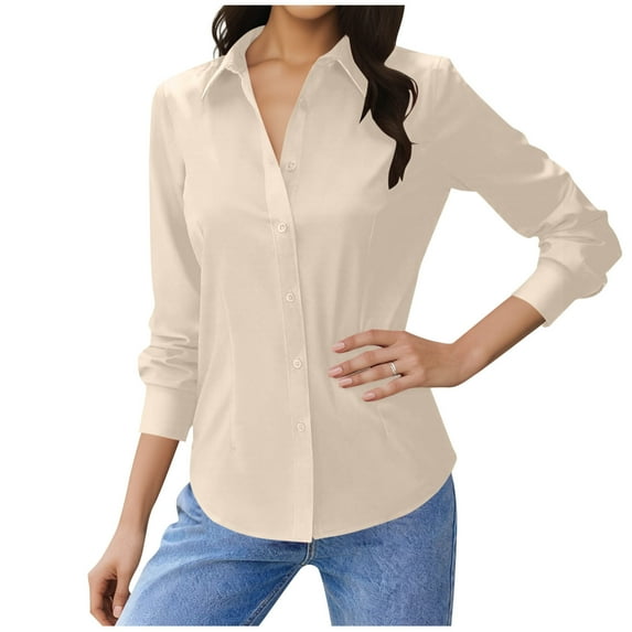 gbyLJF Button Down Shirts for Women Slim Fit Work Office Dress Shirts Solid Color Long Sleeve Wrinkle Free Lapel Blouse Tops