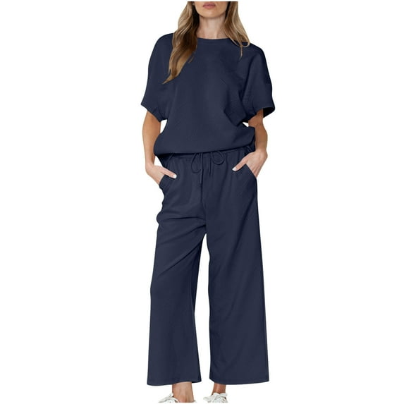 gbyLJF Capri Outfits For Women 2 Piece Sets Women Two Piece Women Linen Sets 2 Piece Outfits Womens Sweater Sets Blue M