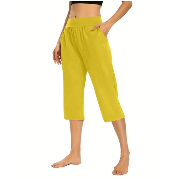 gbyLJF Capri Pants for Women 2024 Casual Fall High Waisted Joggers with pockets Solid Color Soft Cropped Pants Yellow S