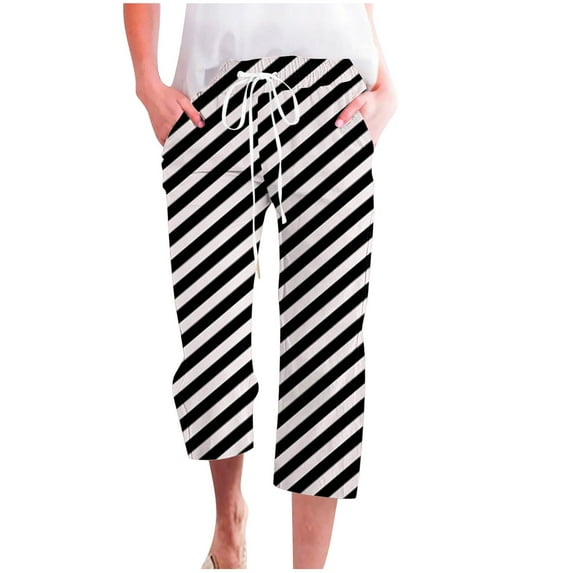 gbyLJF Capri Pants for Women Casual Summer Drawstring Elastic High Waist Linen Pants Straight Wide Leg Cropped Trousers