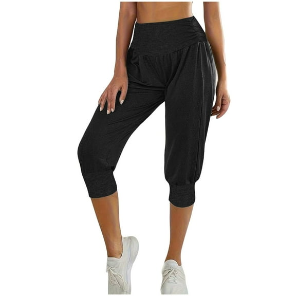 gbyLJF Capri Pants for Women Casual Sweatpants Beam Foot High Elastic Waist Yoga Cropped Pants Workout Joggers Black L