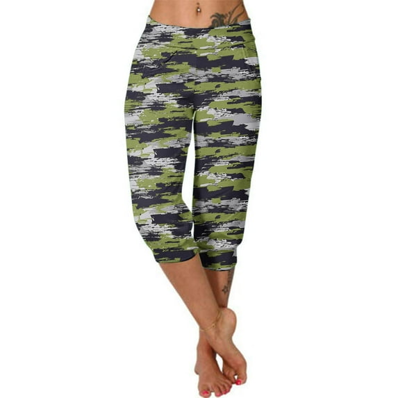 gbyLJF Capri Pants for Women Summer Casual Camo Print Yoga Pants Cinch Bottom Baggy Joggers Workout Sweatpants A03_Green S