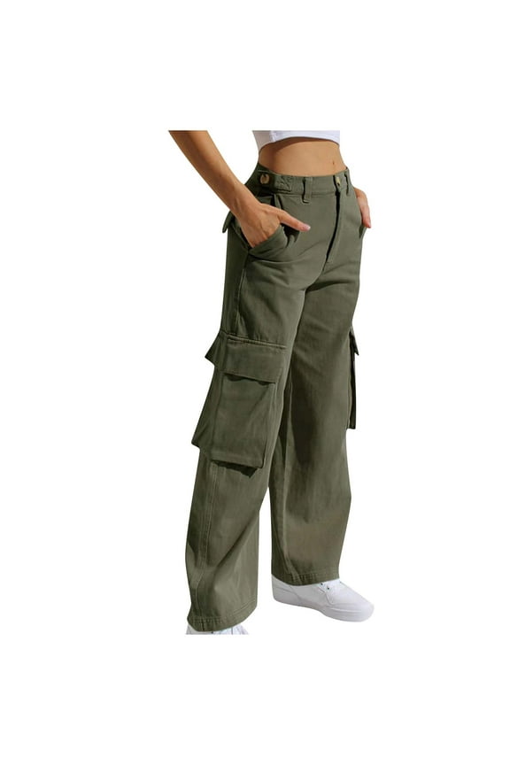 Cargo Jeans for Women Baggy Casual High Waisted Straight Leg Denim Pants Baggy Hiking Jeans with Pockets Army Green L