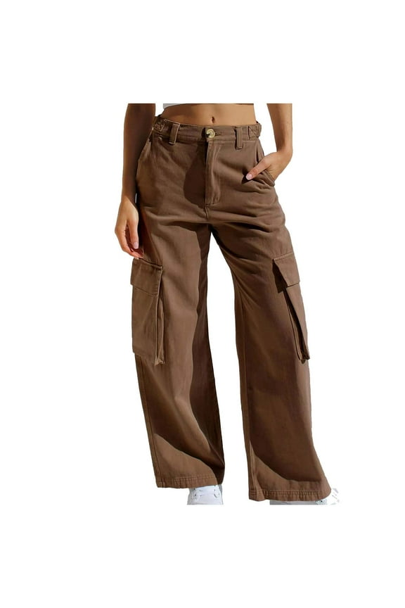 Cargo Jeans for Women Baggy Casual High Waisted Straight Leg Denim Pants Baggy Hiking Jeans with Pockets Coffee XL
