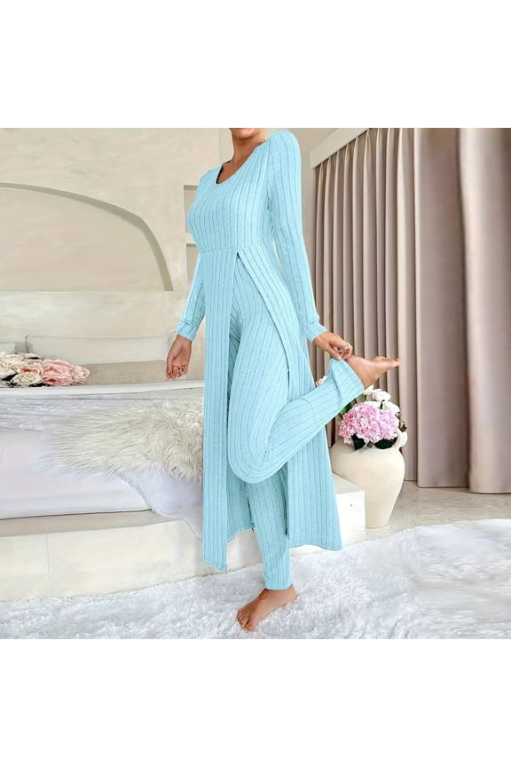 Casual 2 Piece Sets For Women Long Sleeve V-neck Top High Waist Long Pant Solid Color Knitted Lounge Set Fall Outfits