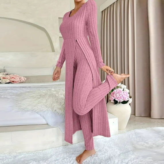 gbyLJF Casual 2 Piece Sets For Women Long Sleeve V-neck Top High Waist Long Pant Solid Color Knitted Lounge Set Fall Outfits