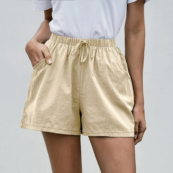 gbyLJF Casual Cotton Linen Shorts for Women Elastic Waist Drawstring Short Pants Wide Leg Shorts Straight Leg Shorts with Pockets