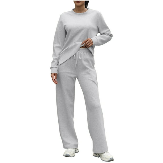 gbyLJF Casual Hoodie Set for Women Round Neck Pullover Tops Drawstring Long Pants Fall Winter 2 Piece Solid Color Outfits