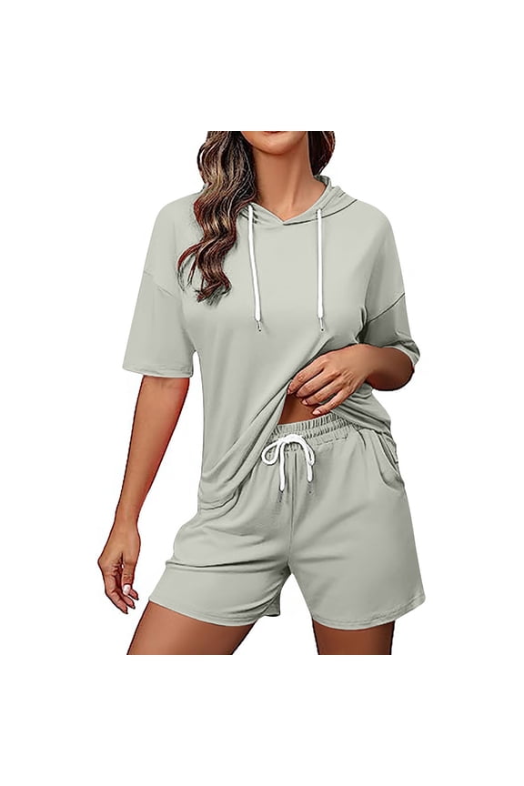 Casual Summer Sets for Women Loose Fit Solid Color Hoodie Matching Drawstring Waist Shorts 2 Piece Short Sleeve Sweatsuit