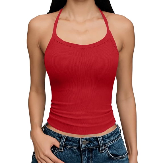 gbyLJF Casual Tank Tops for Women Solid Color Round Neck Sleeveless Ribbed Knit Tee Summer Basic T-Shirts Red,S