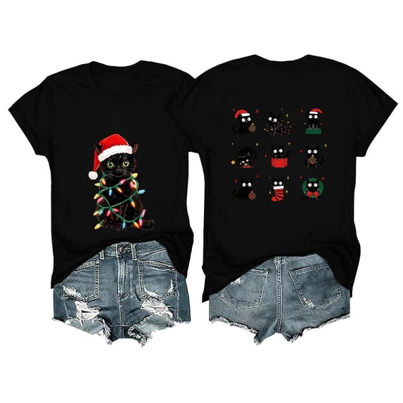 gbyLJF Christmas Shirts for Women Christmas Lights Bright Short Sleeve Tees Cute Cat Double Sided Vacation T-shirt