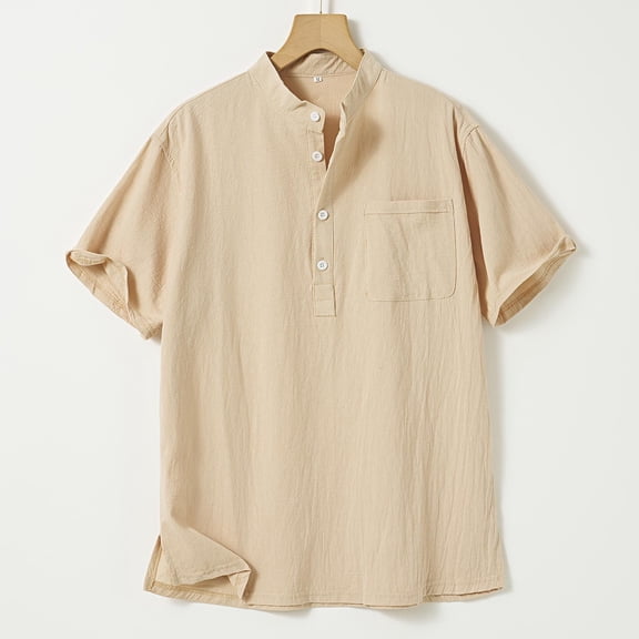 gbyLJF Cotton Linen Shirts for Men Lightweight Half Button Summer T-shirt Solid Color Casual Short Sleeve Beach Tops