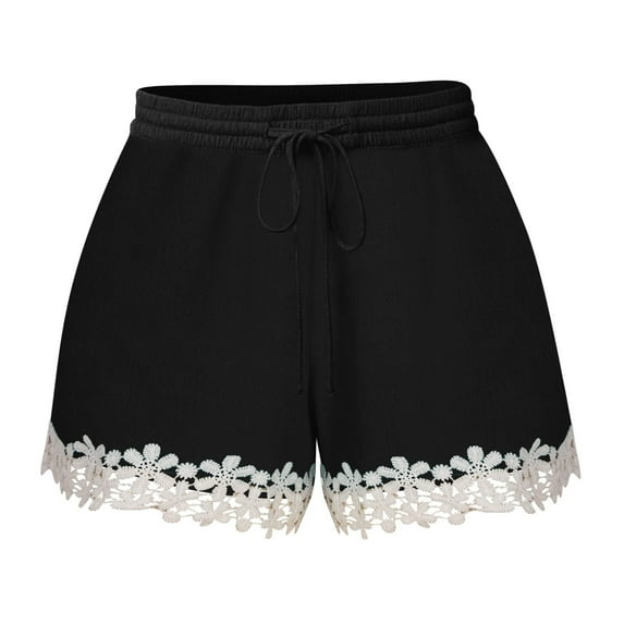 gbyLJF Cute Shorts for Women Lace Trim Shorts Elastic Waist Pants with Pockets Drawstring Casual Shorts 2024 Summer Black L