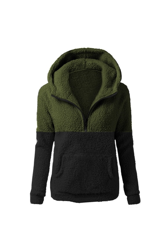 Female Fuzzy Half Zip Pullover Patchwork Long Sleeve Hooded Sweatshirt Double-sided Fleece Half-opening Hoodie with Pocket