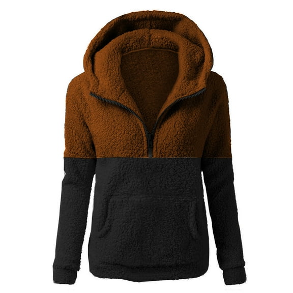 gbyLJF Female Fuzzy Half Zip Pullover Patchwork Long Sleeve Hooded Sweatshirt Double-sided Fleece Half-opening Hoodie with Pocket